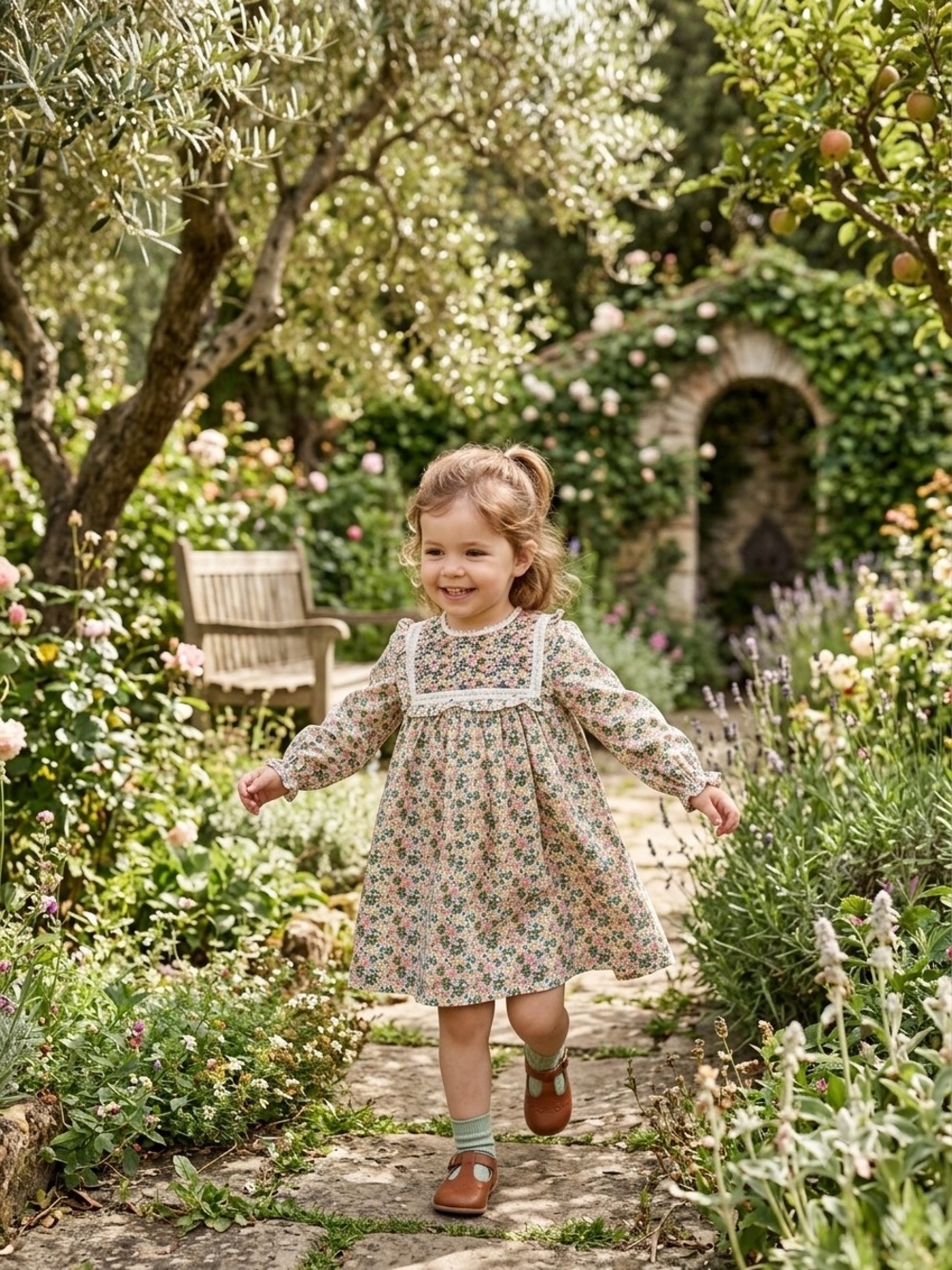 Pepa London Floral Long-Sleeve Smocked Kids Dress - Pink and Green